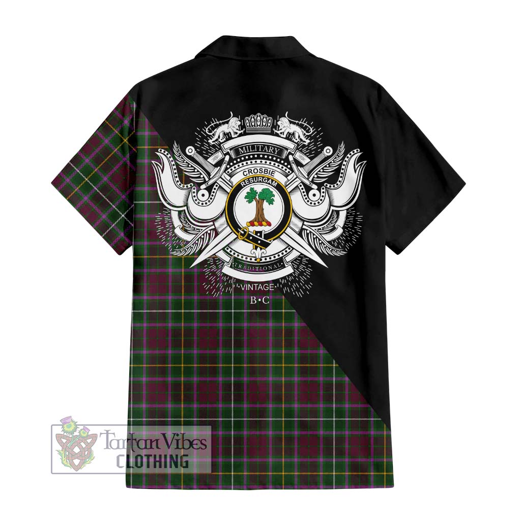 Tartan Vibes Clothing Crosbie Tartan Short Sleeve Button Shirt with Family Crest and Military Logo Style