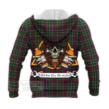 Crosbie Tartan Knitted Hoodie with Family Crest and Bearded Skull Holding Bottles of Whiskey