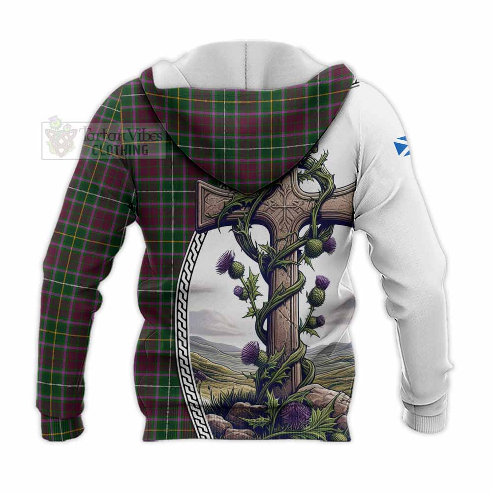 Tartan Vibes Clothing Crosbie Tartan Knitted Hoodie with Family Crest and St. Andrew's Cross Accented by Thistle Vines