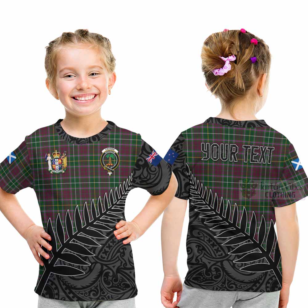 Tartan Vibes Clothing Crosbie Crest Tartan Kid T-Shirt with New Zealand Silver Fern Half Style