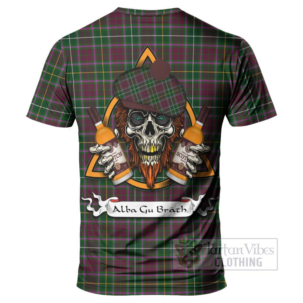 Tartan Vibes Clothing Crosbie Tartan T-Shirt with Family Crest and Bearded Skull Holding Bottles of Whiskey