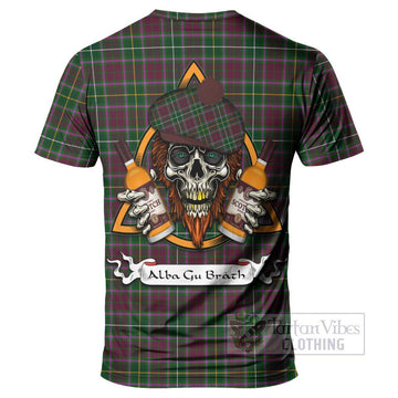 Crosbie Tartan T-Shirt with Family Crest and Bearded Skull Holding Bottles of Whiskey