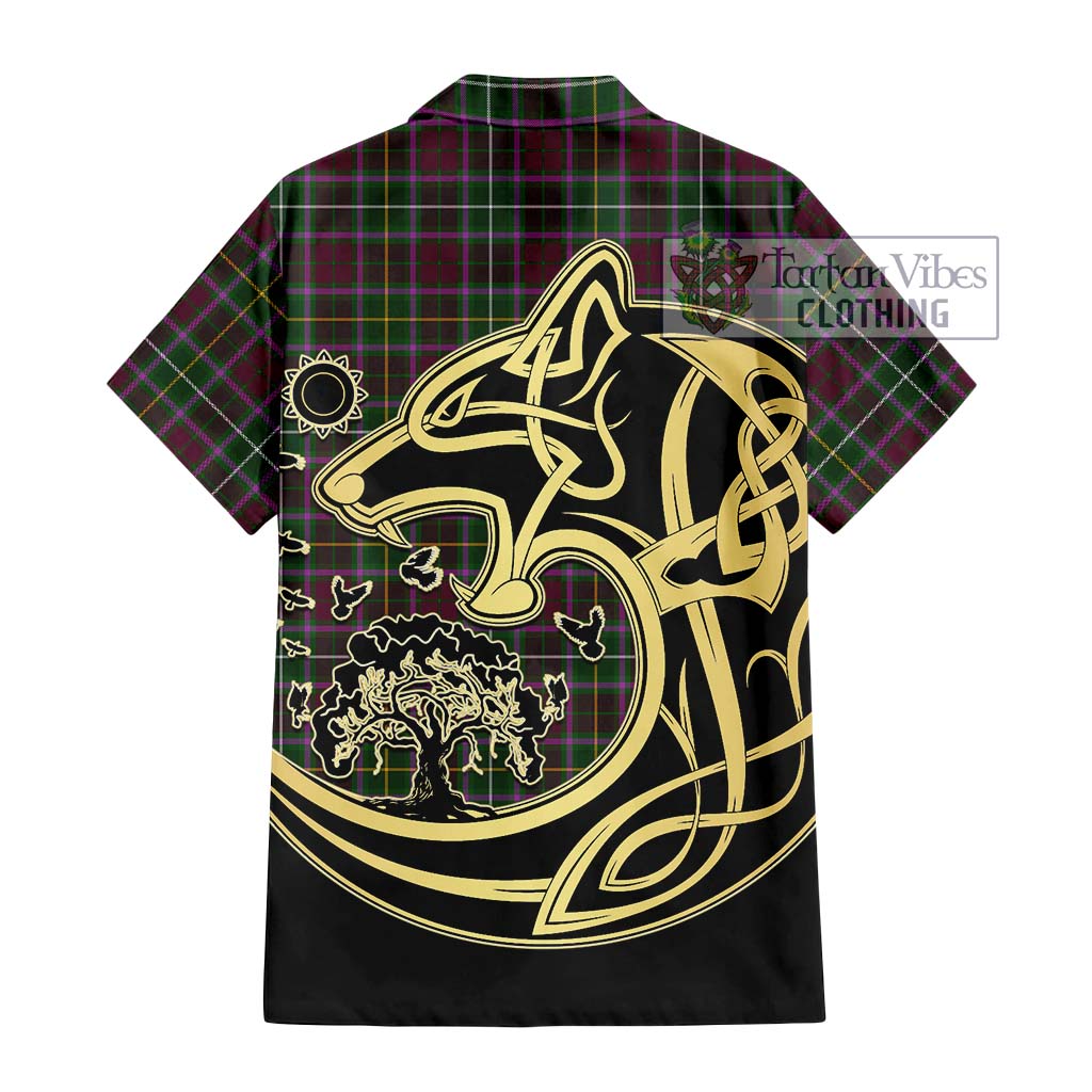 Tartan Vibes Clothing Crosbie Tartan Short Sleeve Button Shirt with Family Crest Celtic Wolf Style