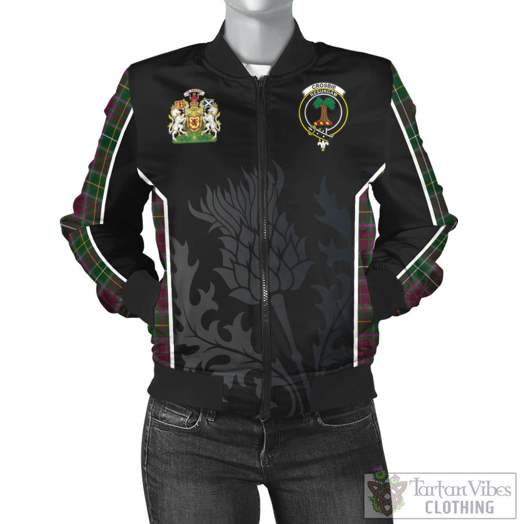 Tartan Vibes Clothing Crosbie Tartan Bomber Jacket with Family Crest and Scottish Thistle Vibes Sport Style