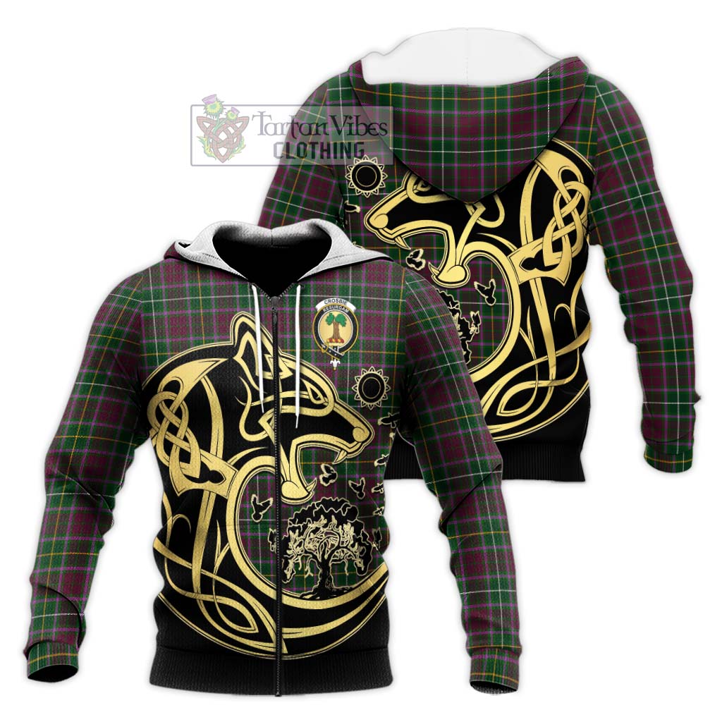 Tartan Vibes Clothing Crosbie Tartan Knitted Hoodie with Family Crest Celtic Wolf Style