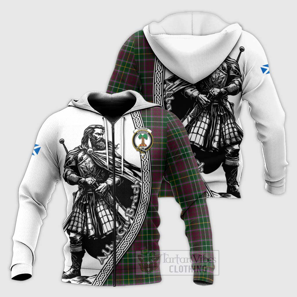 Tartan Vibes Clothing Crosbie Tartan Clan Crest Knitted Hoodie with Highlander Warrior Celtic Style