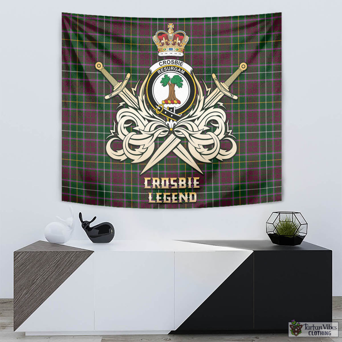 Tartan Vibes Clothing Crosbie Tartan Tapestry with Clan Crest and the Golden Sword of Courageous Legacy