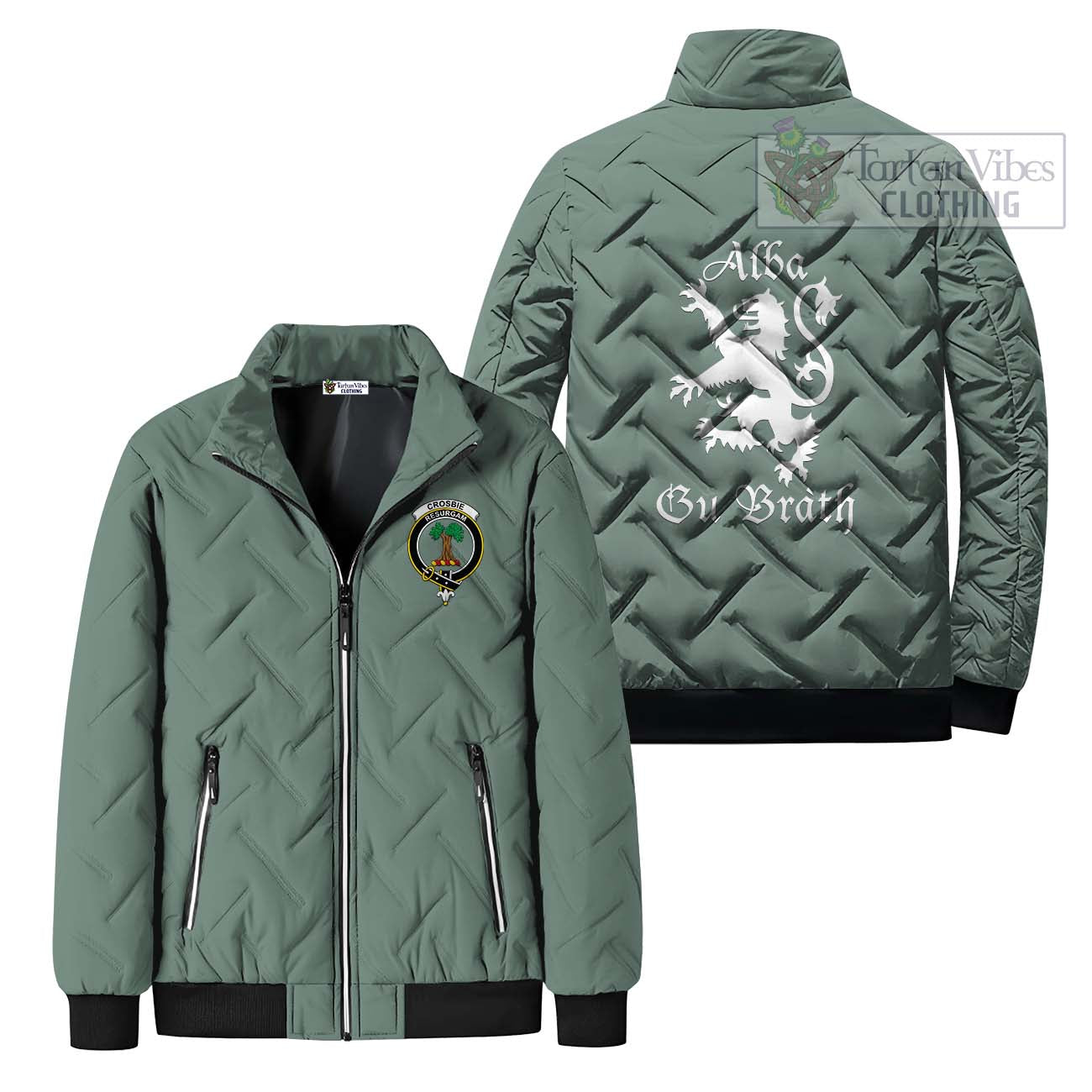 Tartan Vibes Clothing Crosbie Family Crest Padded Cotton Jacket Lion Rampant Alba Gu Brath Style