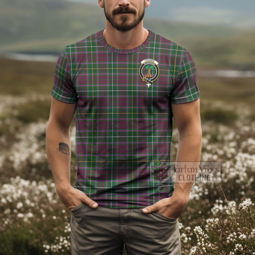 Tartan Vibes Clothing Crosbie Tartan T-Shirt with Family Crest and Bearded Skull Holding Bottles of Whiskey