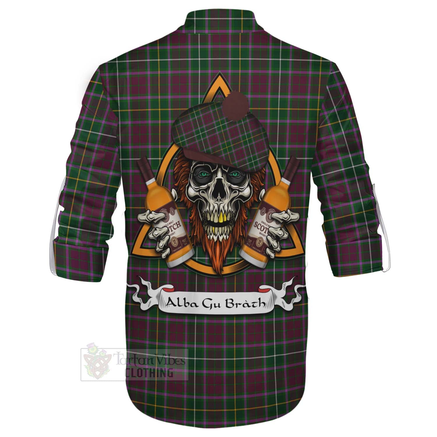 Tartan Vibes Clothing Crosbie Tartan Ghillie Kilt Shirt with Family Crest and Bearded Skull Holding Bottles of Whiskey