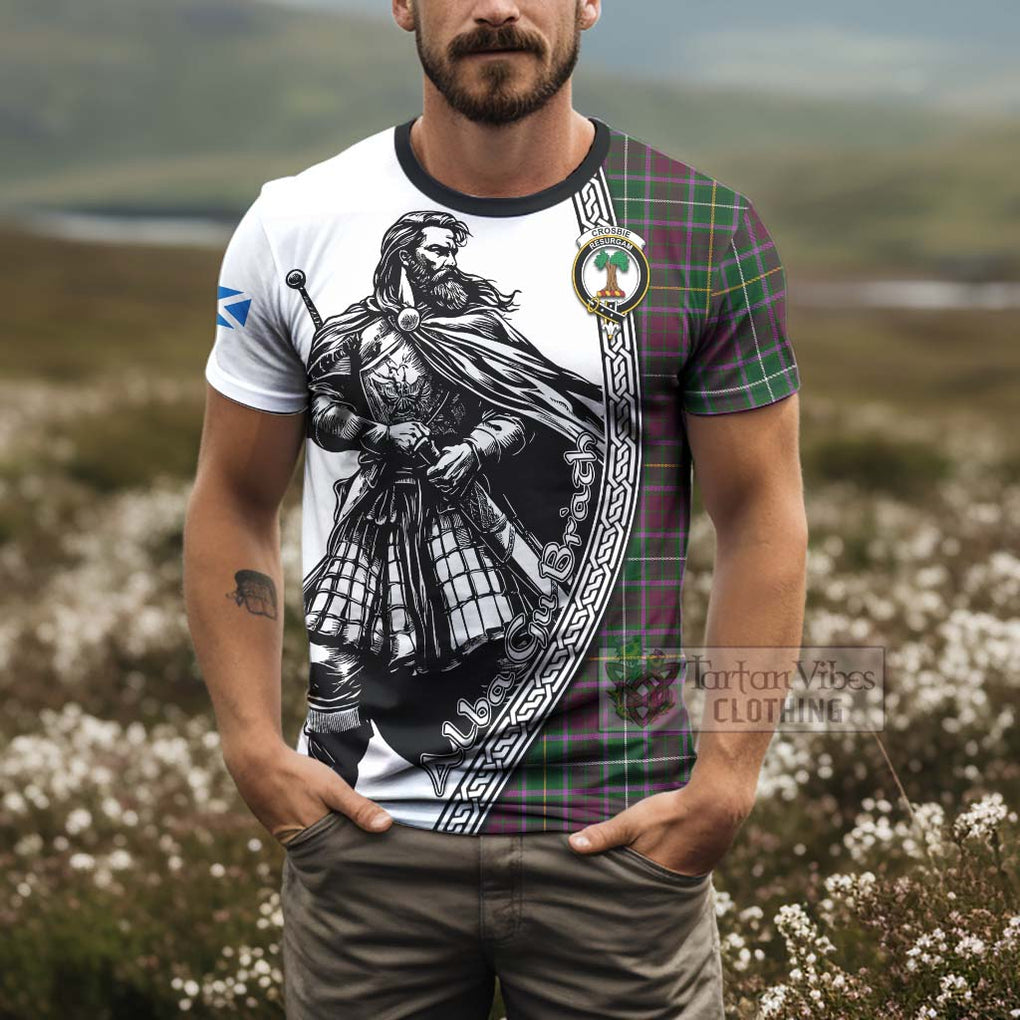 Tartan Vibes Clothing Crosbie Tartan Clan Crest T-Shirt with Highlander Warrior Celtic Style