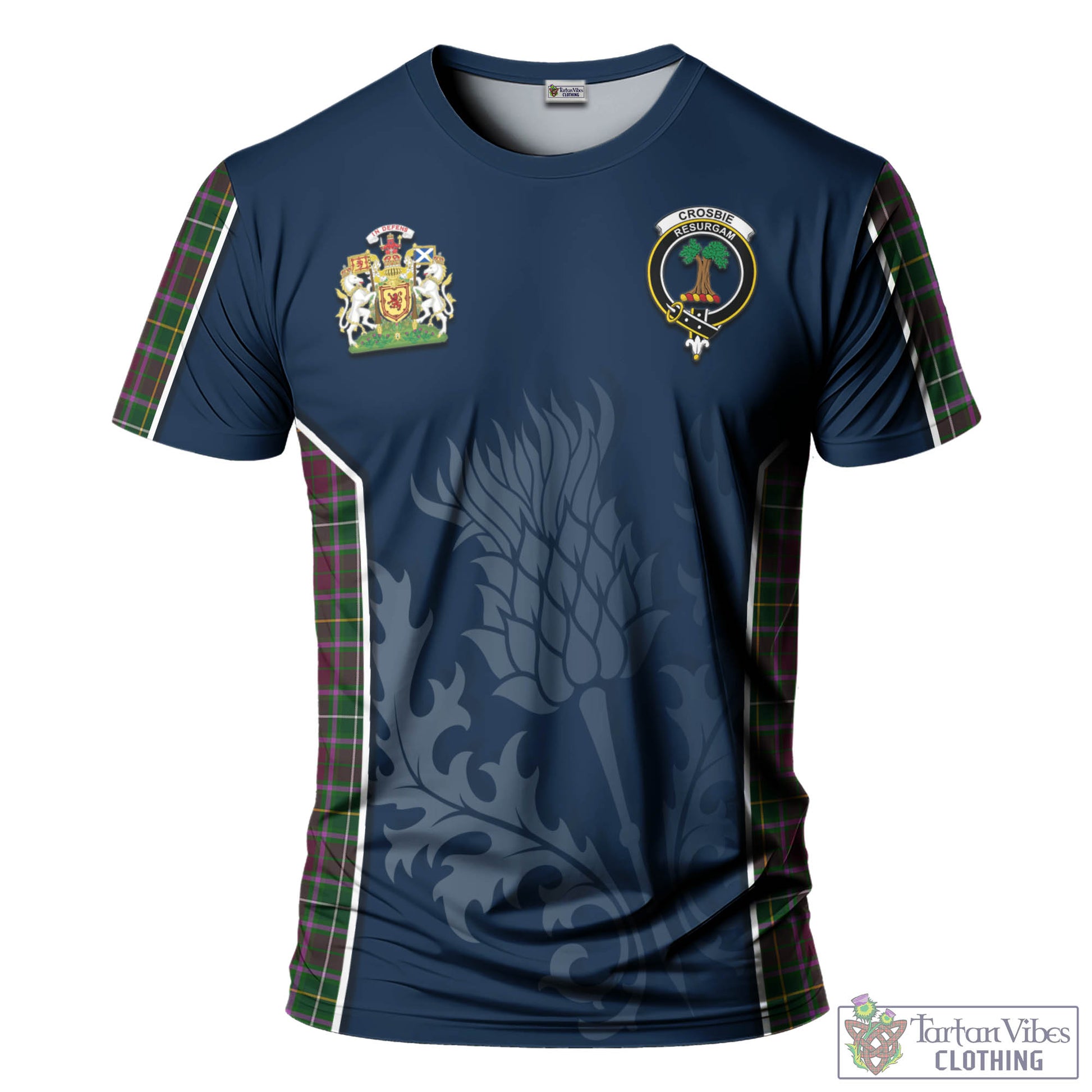 Tartan Vibes Clothing Crosbie Tartan T-Shirt with Family Crest and Scottish Thistle Vibes Sport Style