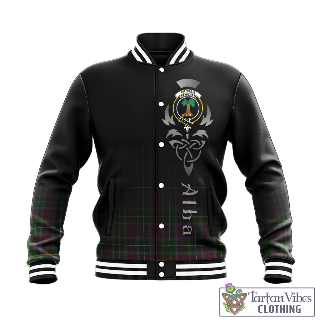 Tartan Vibes Clothing Crosbie Tartan Baseball Jacket Featuring Alba Gu Brath Family Crest Celtic Inspired