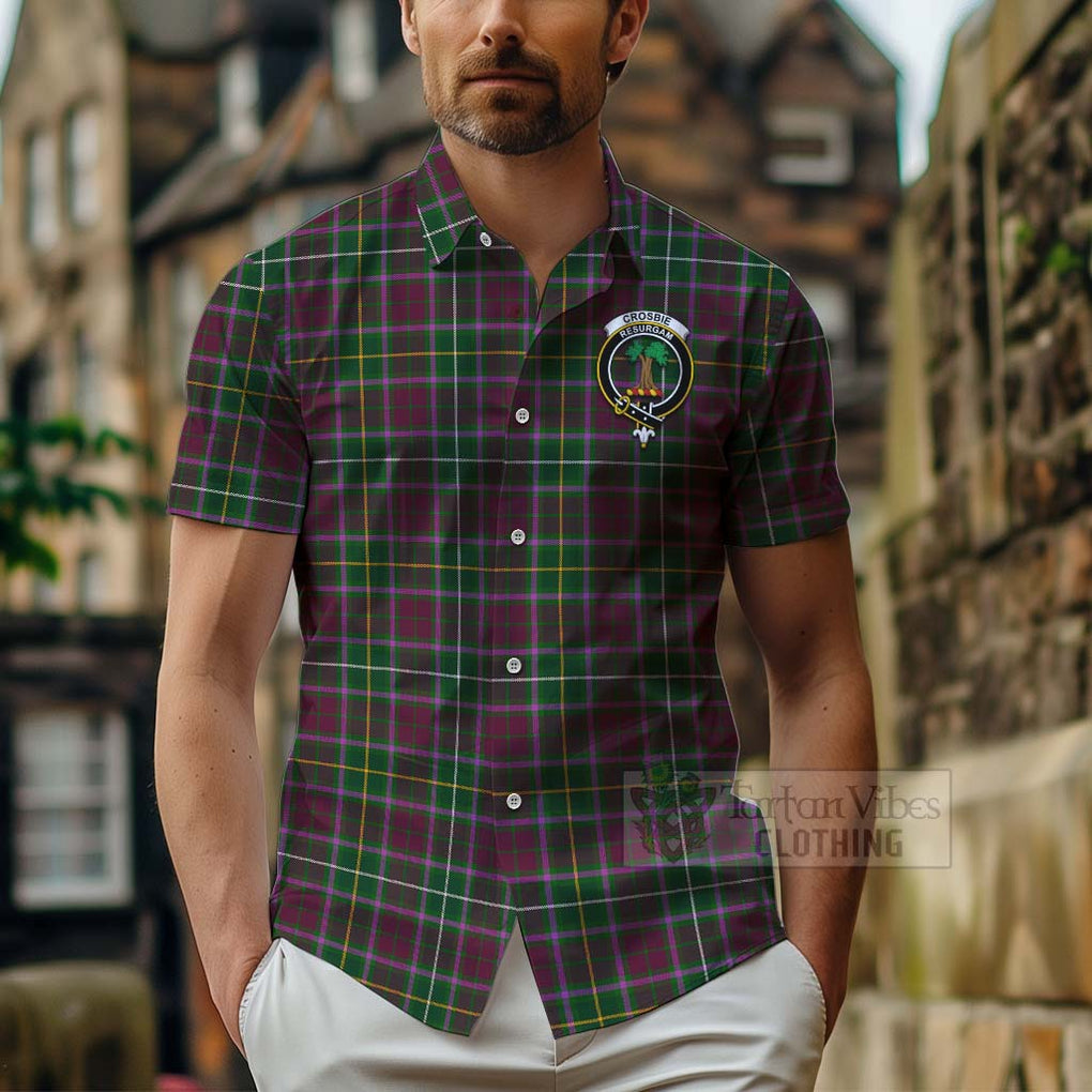 Tartan Vibes Clothing Crosbie Tartan Short Sleeve Button Shirt with Family Crest and Bearded Skull Holding Bottles of Whiskey