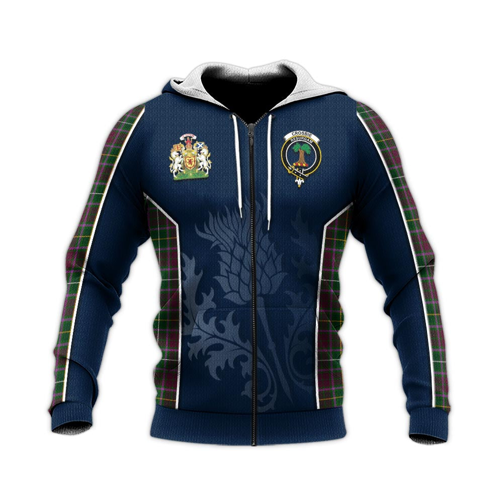 Tartan Vibes Clothing Crosbie Tartan Knitted Hoodie with Family Crest and Scottish Thistle Vibes Sport Style