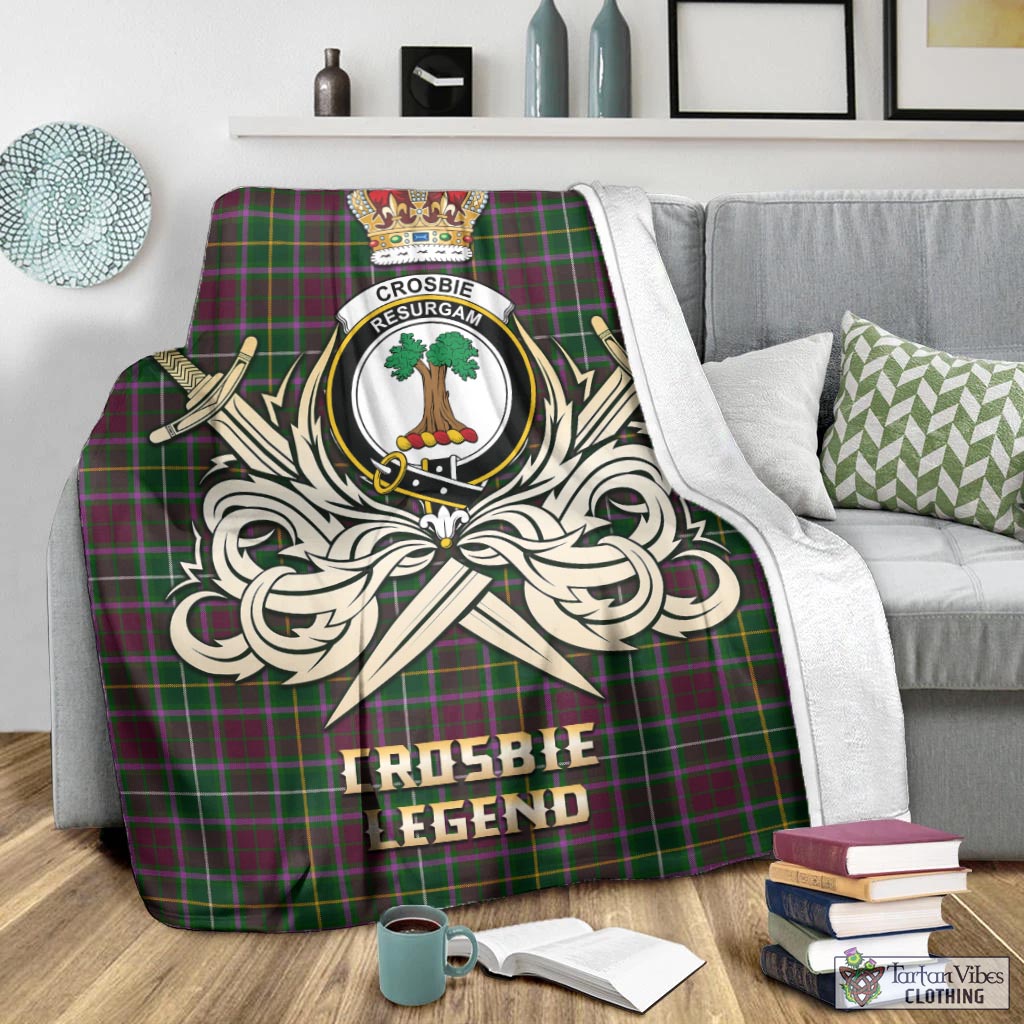 Tartan Vibes Clothing Crosbie Tartan Blanket with Clan Crest and the Golden Sword of Courageous Legacy