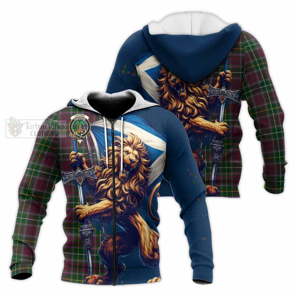 Tartan Vibes Clothing Crosbie Tartan Family Crest Knitted Hoodie with Scottish Majestic Lion