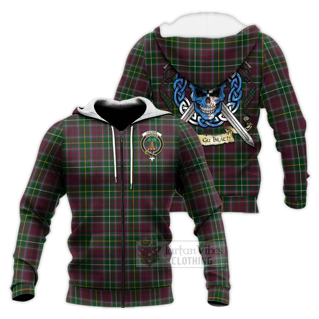 Tartan Vibes Clothing Crosbie Tartan Knitted Hoodie with Family Crest Celtic Skull Style