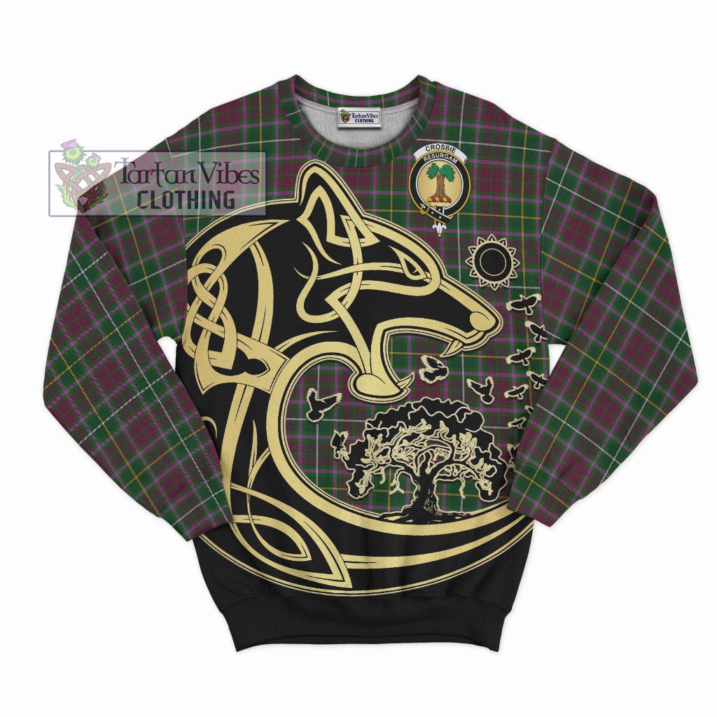 Tartan Vibes Clothing Crosbie Tartan Sweatshirt with Family Crest Celtic Wolf Style