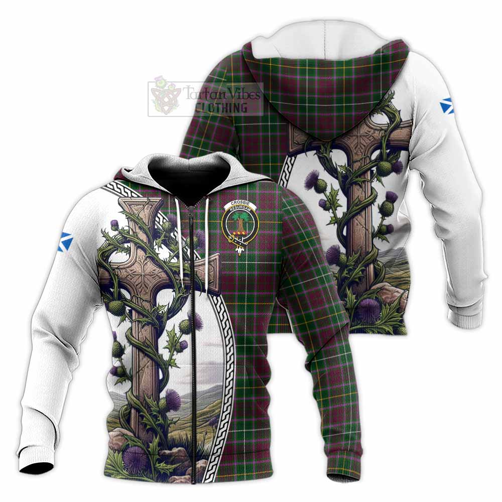 Tartan Vibes Clothing Crosbie Tartan Knitted Hoodie with Family Crest and St. Andrew's Cross Accented by Thistle Vines