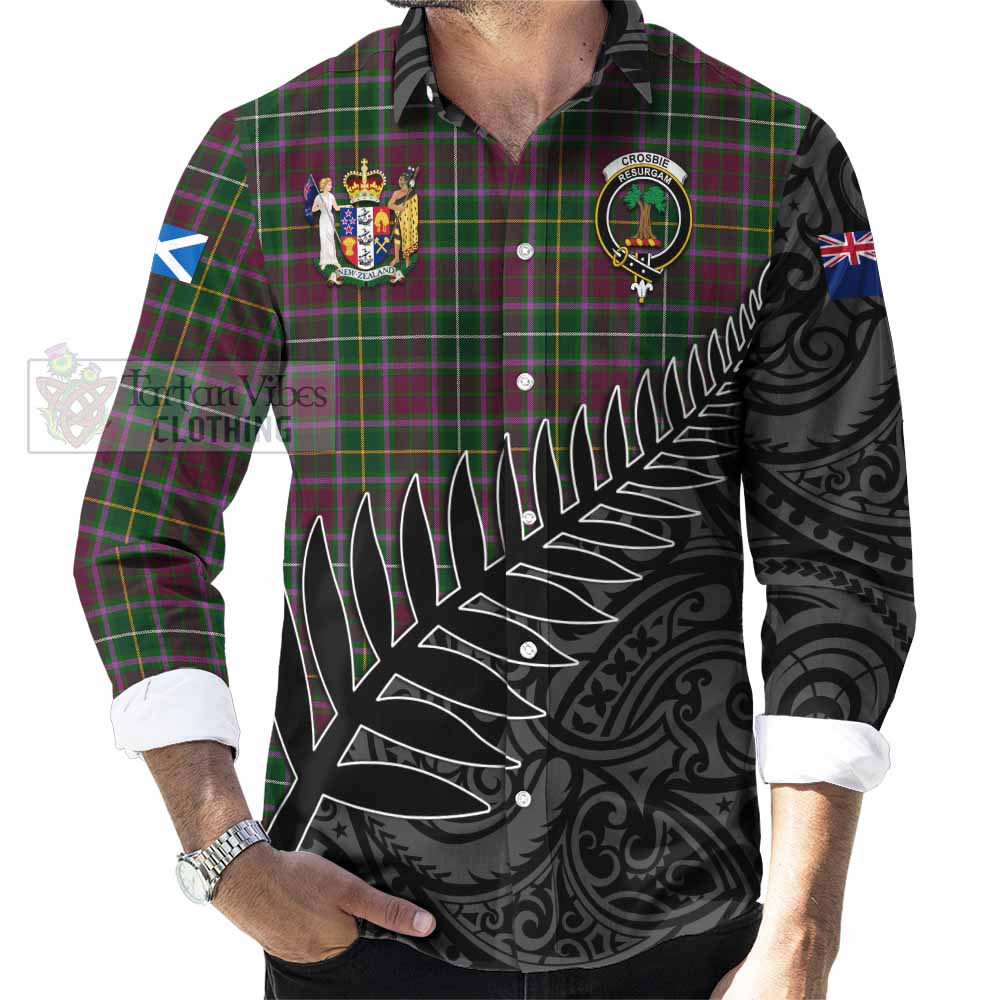 Tartan Vibes Clothing Crosbie Crest Tartan Long Sleeve Button Shirt with New Zealand Silver Fern Half Style