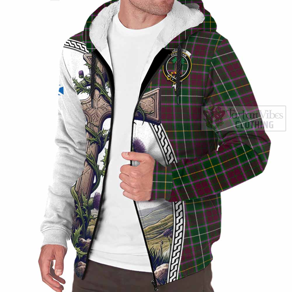 Tartan Vibes Clothing Crosbie Tartan Sherpa Hoodie with Family Crest and St. Andrew's Cross Accented by Thistle Vines