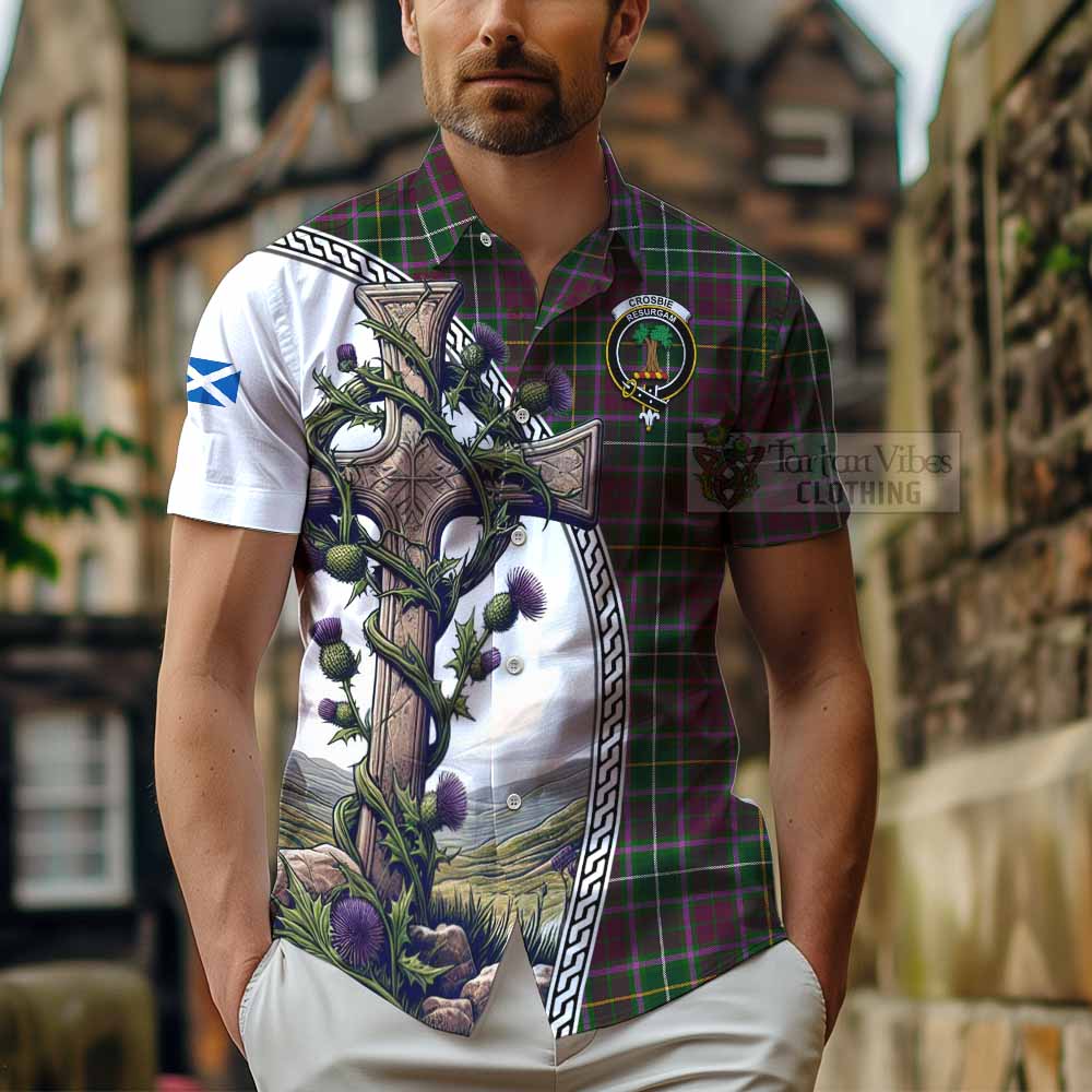 Tartan Vibes Clothing Crosbie Tartan Short Sleeve Button Shirt with Family Crest and St. Andrew's Cross Accented by Thistle Vines