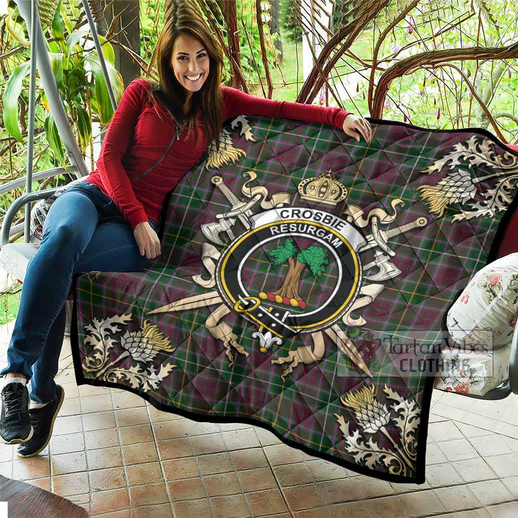 Tartan Vibes Clothing Crosbie Tartan Quilt with Family Crest and Scottish Golden Courage Shield