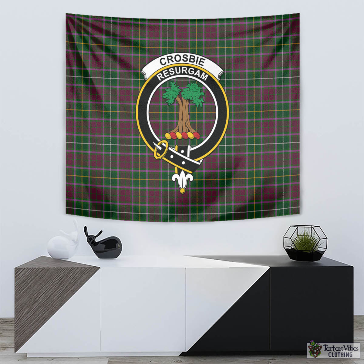 Tartan Vibes Clothing Crosbie Tartan Tapestry Wall Hanging and Home Decor for Room with Family Crest