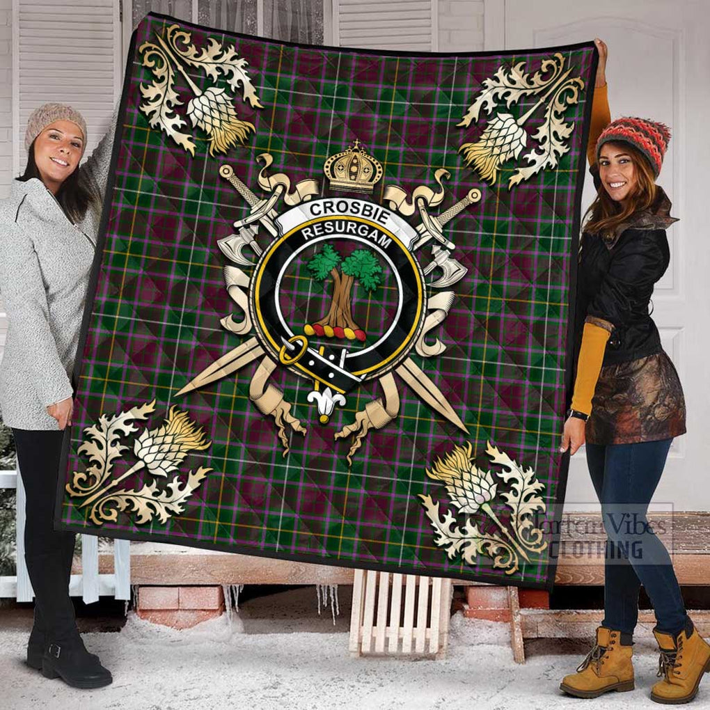 Tartan Vibes Clothing Crosbie Tartan Quilt with Family Crest and Scottish Golden Courage Shield