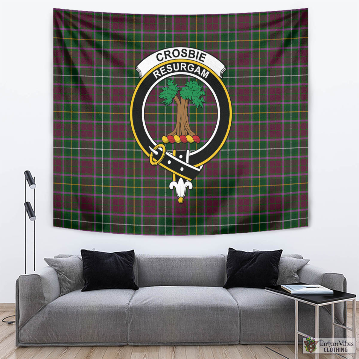 Tartan Vibes Clothing Crosbie Tartan Tapestry Wall Hanging and Home Decor for Room with Family Crest