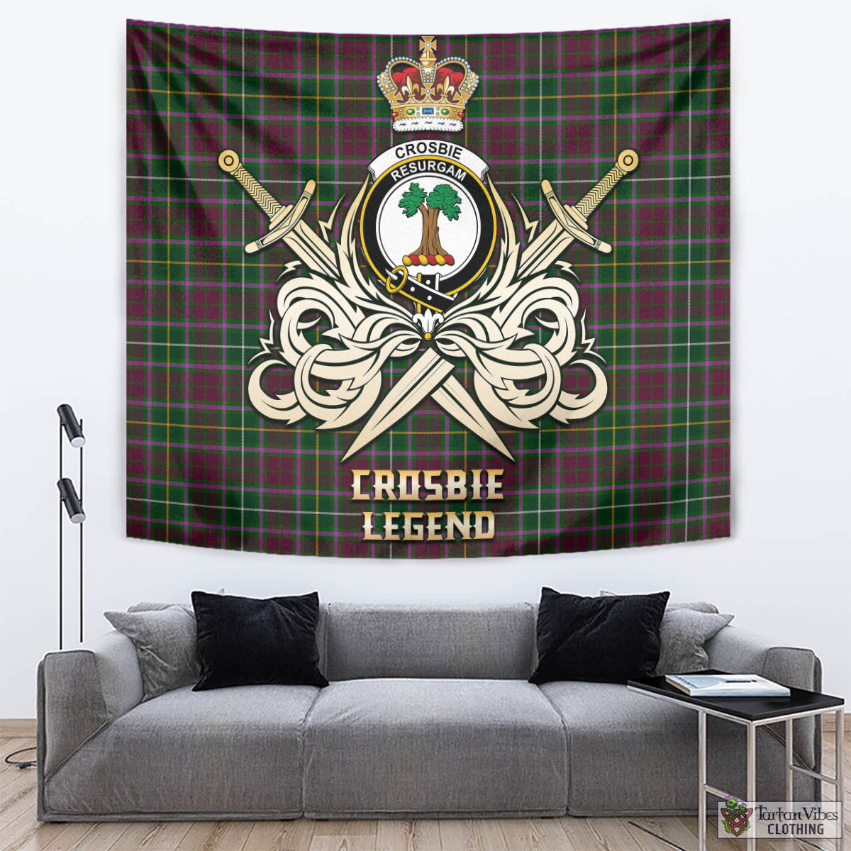 Tartan Vibes Clothing Crosbie Tartan Tapestry with Clan Crest and the Golden Sword of Courageous Legacy