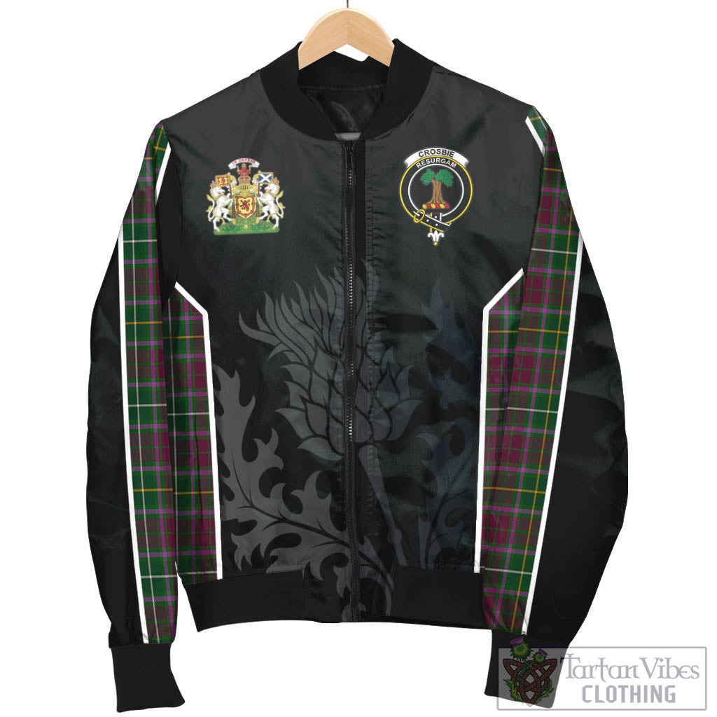 Tartan Vibes Clothing Crosbie Tartan Bomber Jacket with Family Crest and Scottish Thistle Vibes Sport Style