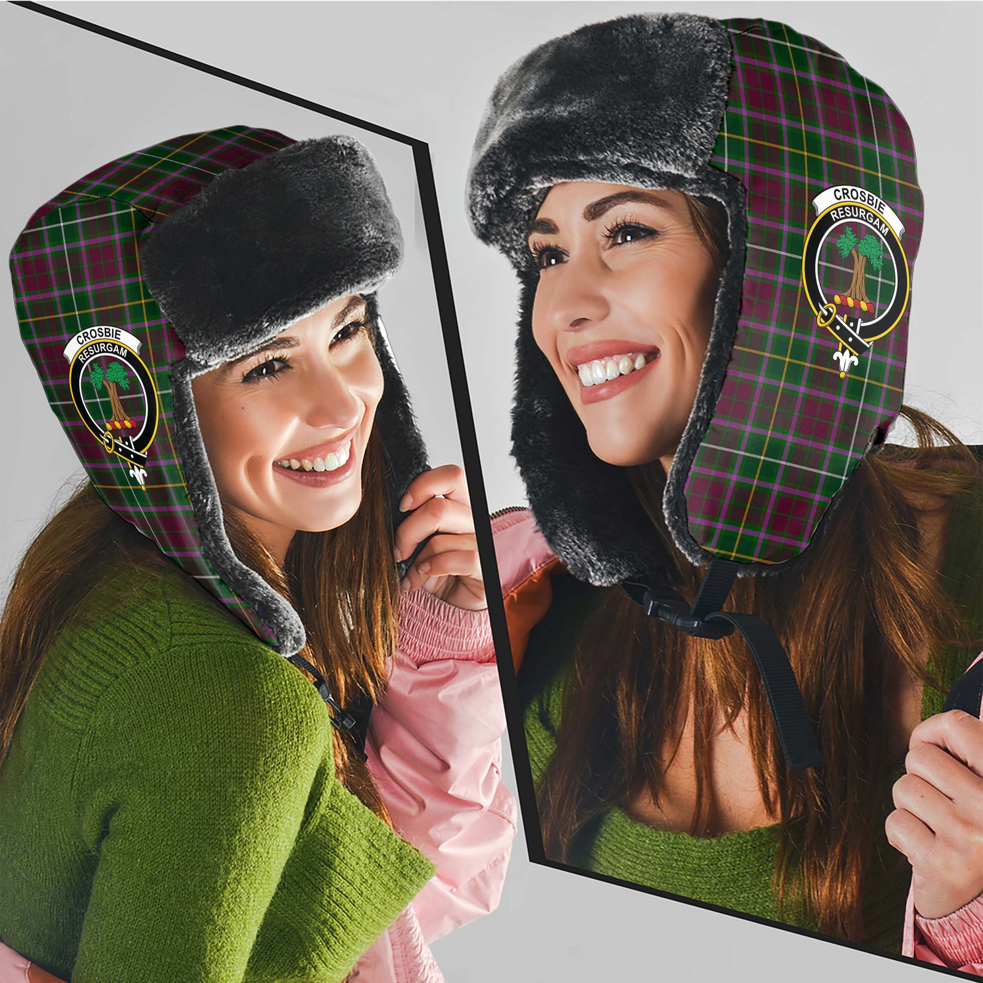 Crosbie Tartan Winter Trapper Hat with Family Crest - Tartanvibesclothing