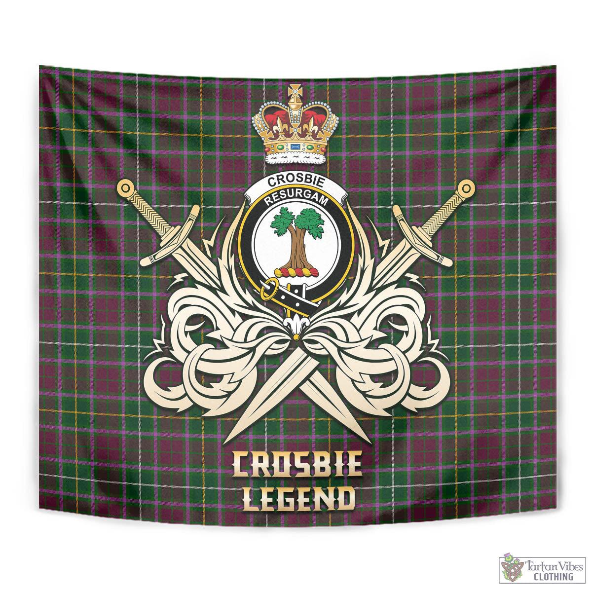 Tartan Vibes Clothing Crosbie Tartan Tapestry with Clan Crest and the Golden Sword of Courageous Legacy