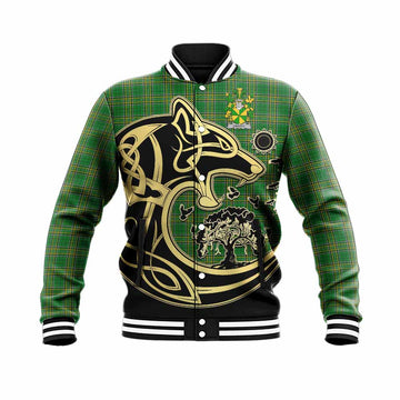 Crotty Irish Tartan Baseball Jacket with Coat of Arms Celtic Wolf Style