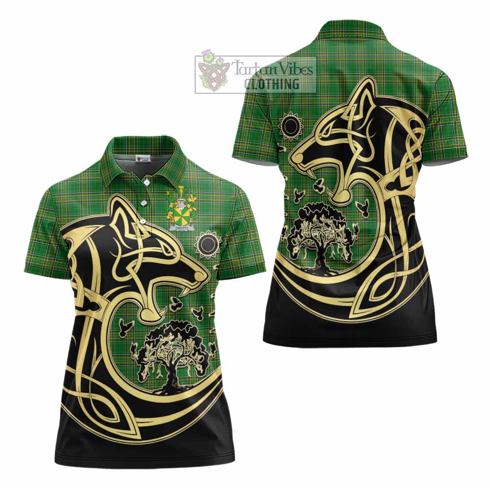 Crotty Irish Tartan Women's Polo Shirt with Coat of Arms Celtic Wolf Style - Tartan Vibes Clothing