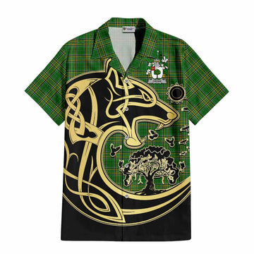 Crowe Irish Tartan Short Sleeve Button Shirt with Coat of Arms Celtic Wolf Style