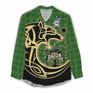 Crowley Irish Tartan Women's Casual Shirt with Coat of Arms Celtic Wolf Style Female - Tartan Vibes Clothing