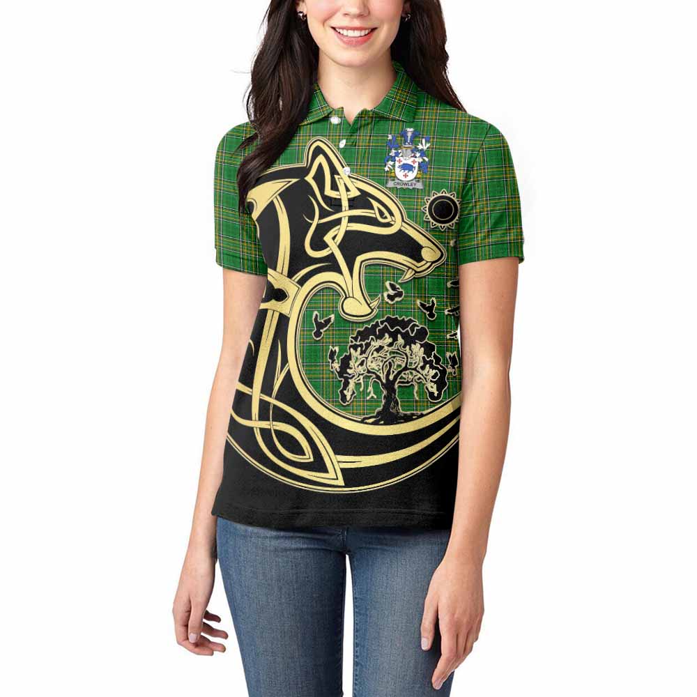 Crowley Irish Tartan Women's Polo Shirt with Coat of Arms Celtic Wolf Style - Tartan Vibes Clothing