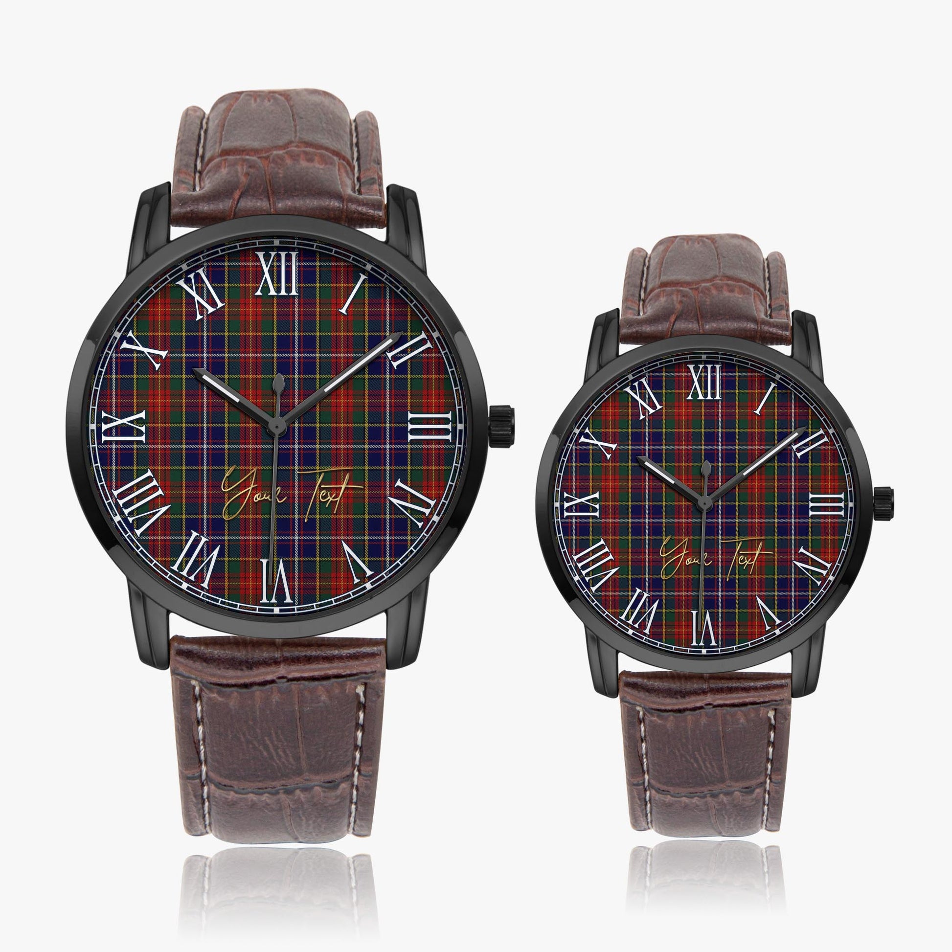 Crozier Tartan Personalized Your Text Leather Trap Quartz Watch Wide Type Black Case With Brown Leather Strap - Tartanvibesclothing