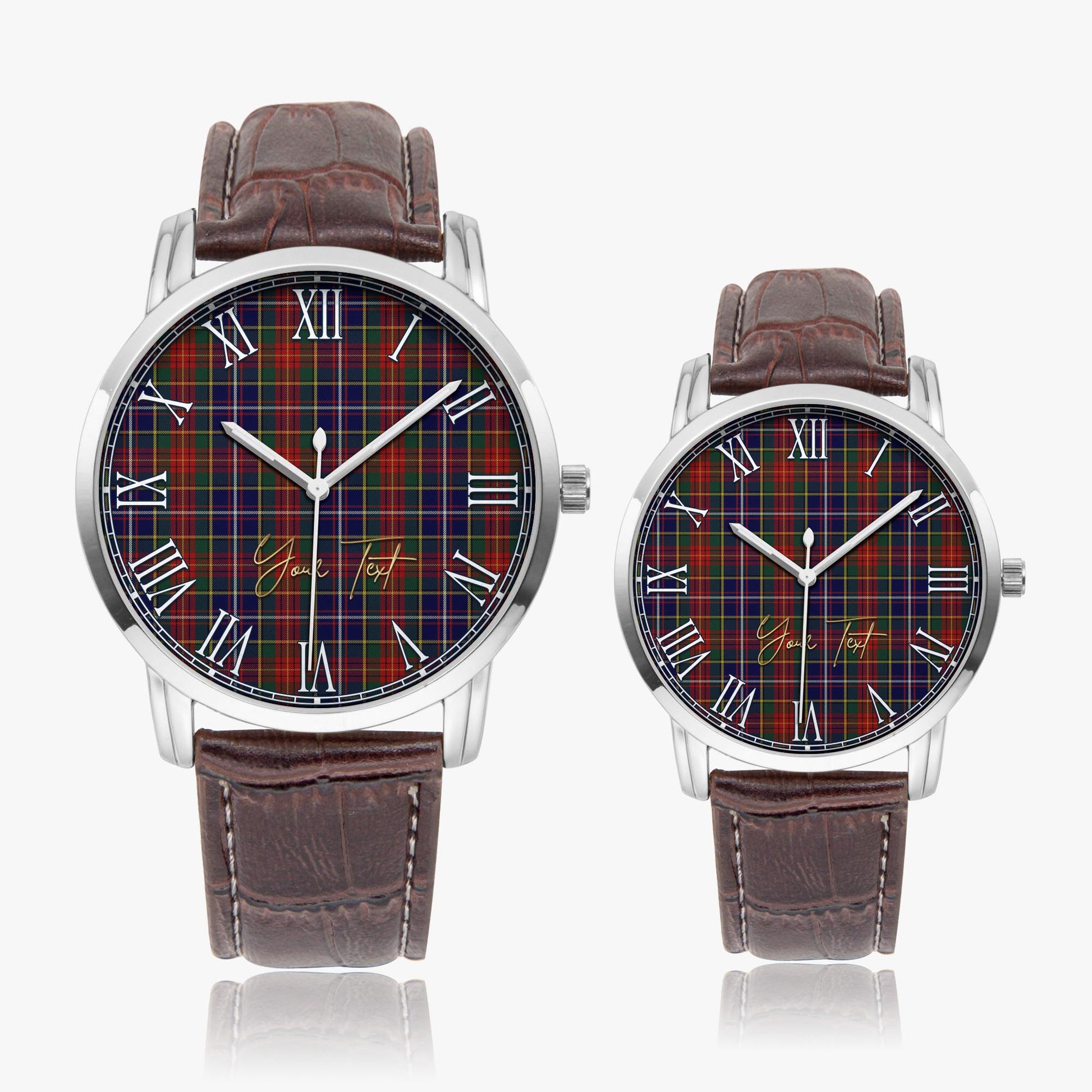 Crozier Tartan Personalized Your Text Leather Trap Quartz Watch Wide Type Silver Case With Brown Leather Strap - Tartanvibesclothing