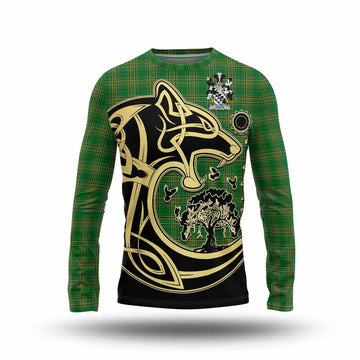 Cuffe Irish Tartan Long Sleeve T-Shirt with Coat of Arms Celtic Wolf Style