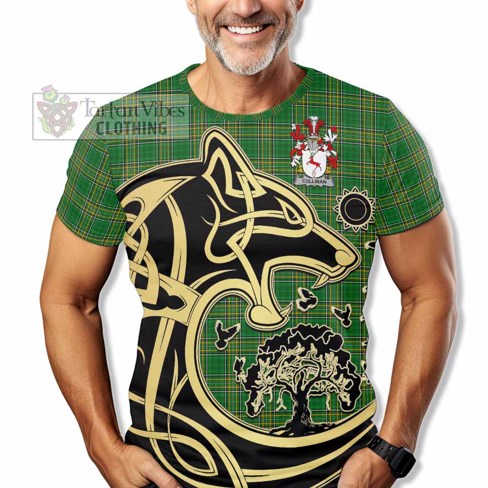 Tartan Vibes Clothing Cullinan Irish Tartan T-Shirt with Coat of Arms Celtic Wolf Style