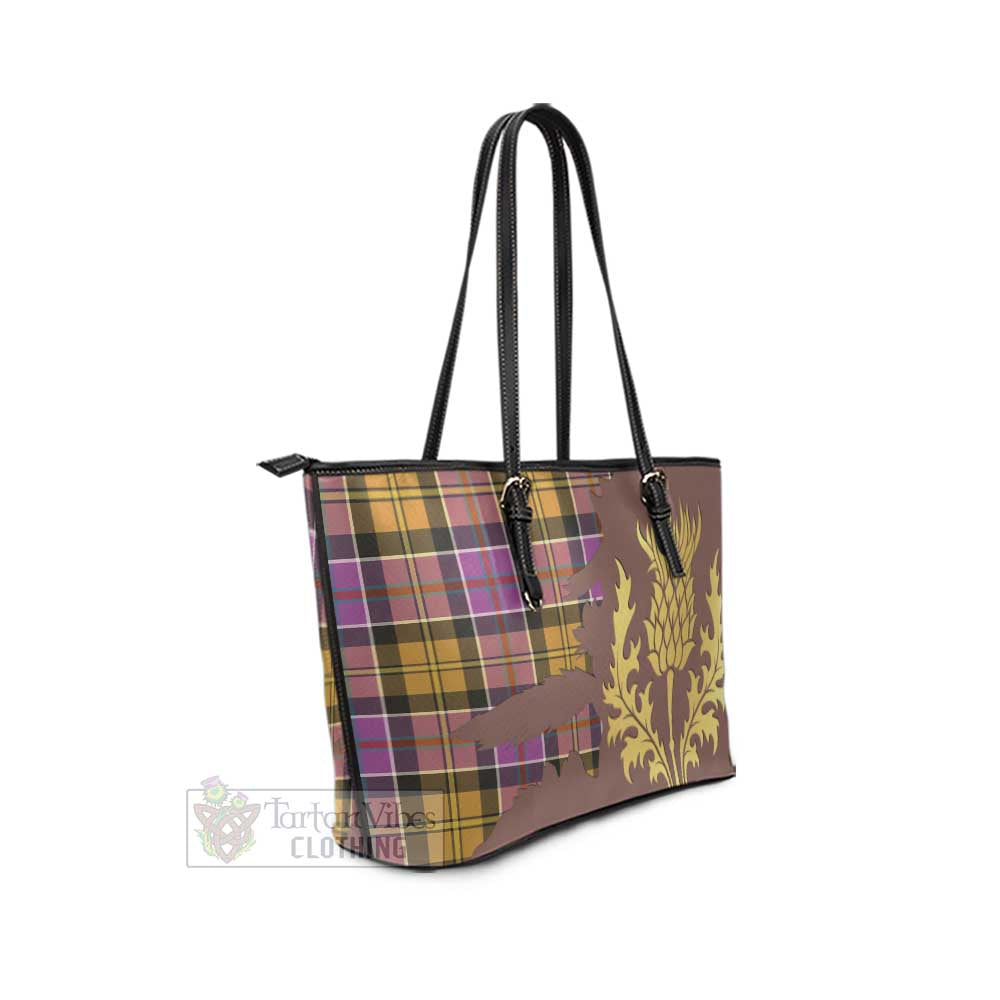 Culloden Tartan Leather Tote Bag Gold Thistle Style - Tartan Vibes Clothing