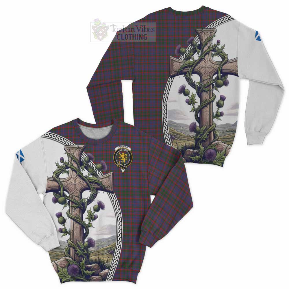 Tartan Vibes Clothing Cumming Tartan Sweatshirt with Family Crest and St. Andrew's Cross Accented by Thistle Vines