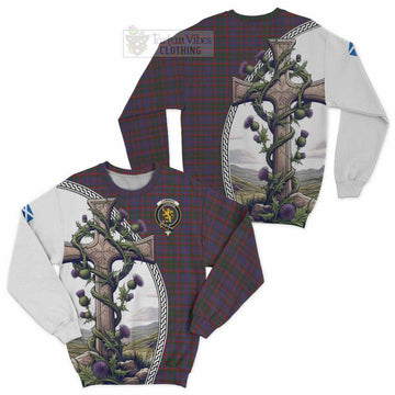 Cumming Tartan Sweatshirt with Family Crest and St. Andrew's Cross Accented by Thistle Vines