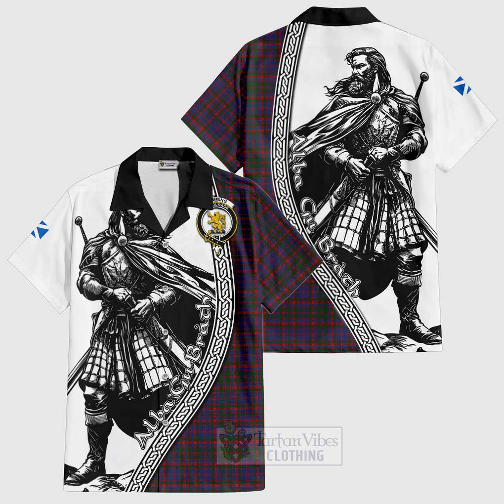 Tartan Vibes Clothing Cumming Tartan Clan Crest Short Sleeve Button Shirt with Highlander Warrior Celtic Style