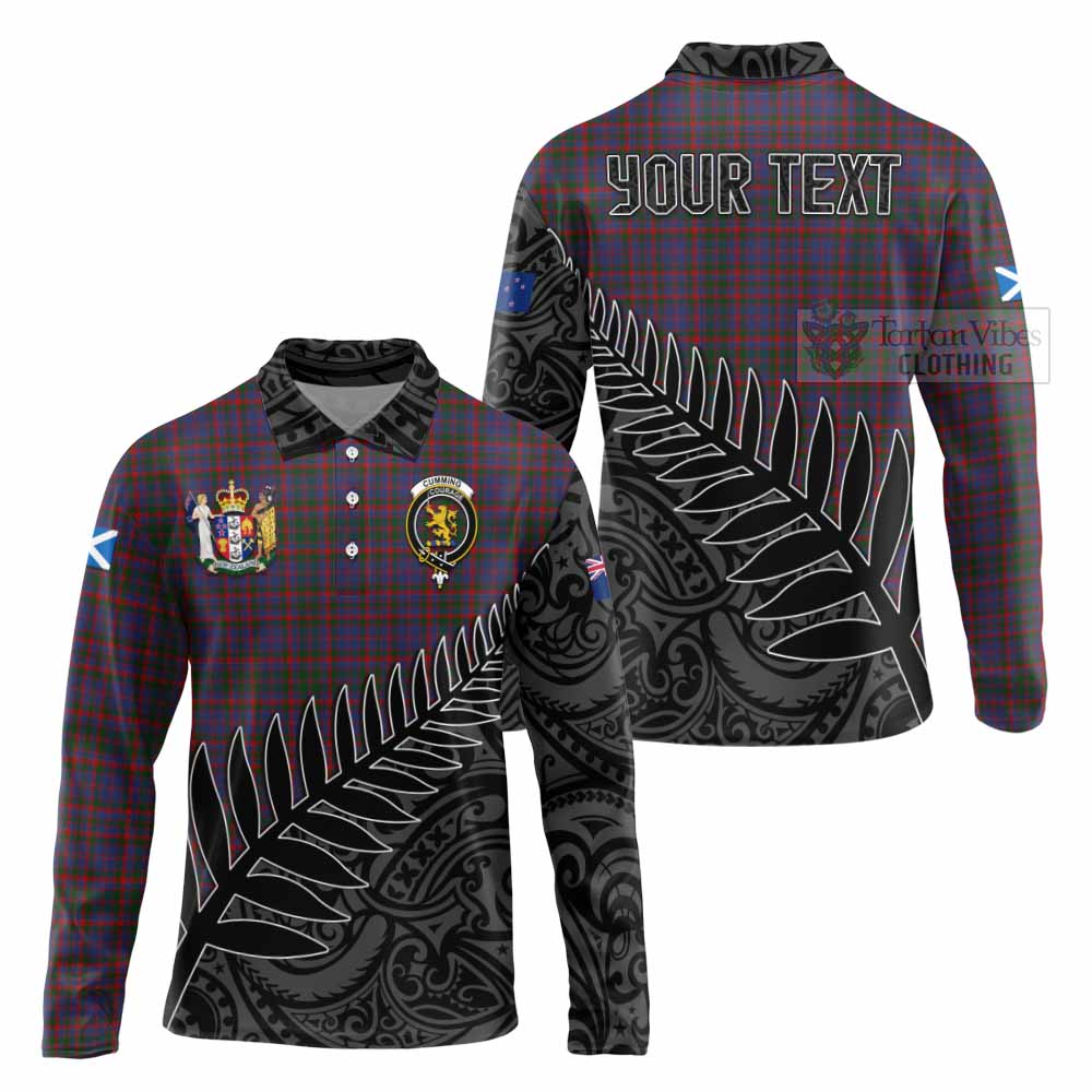 Tartan Vibes Clothing Cumming Crest Tartan Long Sleeve Polo Shirt with New Zealand Silver Fern Half Style