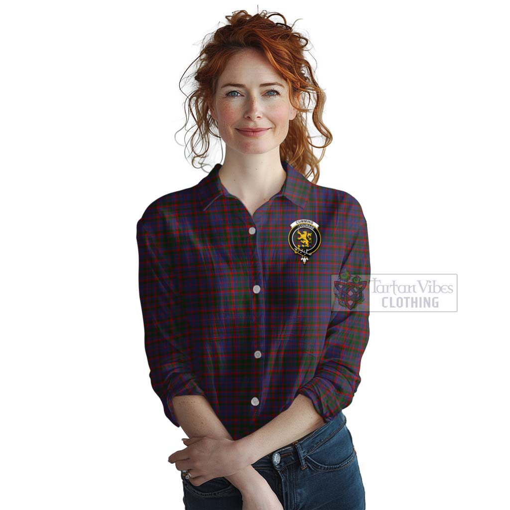 Tartan Vibes Clothing Cumming Tartan Women's Casual Shirt with Family Crest and Bearded Skull Holding Bottles of Whiskey